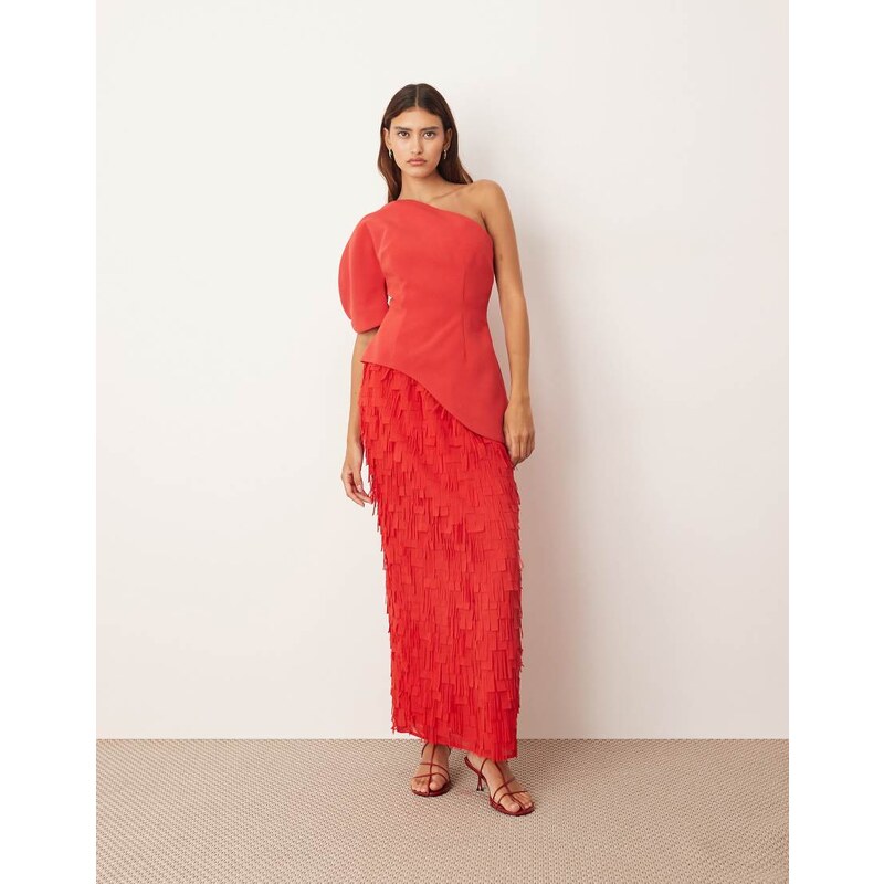 ARRANGE sculptural one shoulder texture hybrid maxi dress in red 108404022