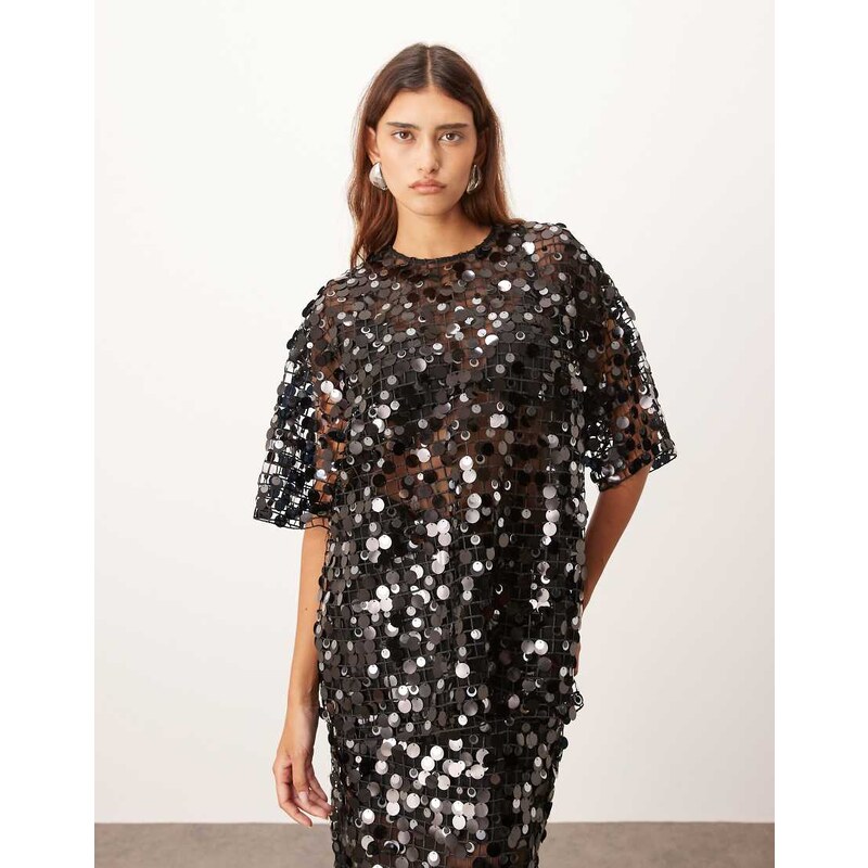 ARRANGE sheer grid sequin tee co ord in black 111244210