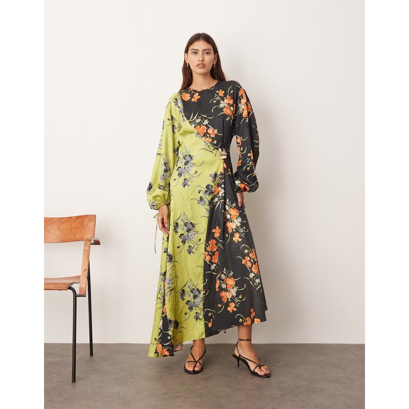 ARRANGE crinkle satin long sleeve maxi dress with trim in colourblock 108404042