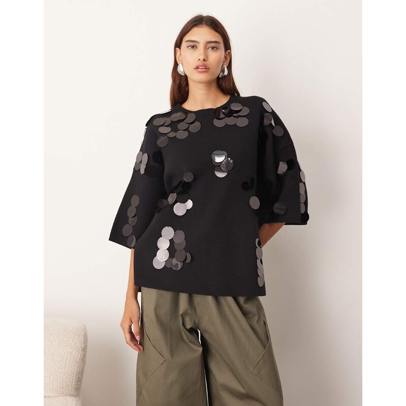 ARRANGE compact knit disc sequin tee in black