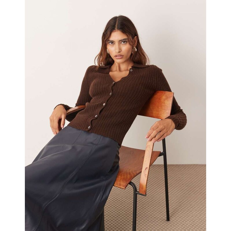 ARRANGE pure merino rib knit collared button through top in chocolate 108404045