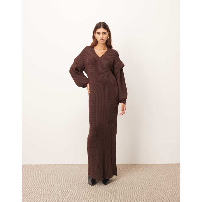 ARRANGE rib knit v neck maxi dress with shoulder detail in