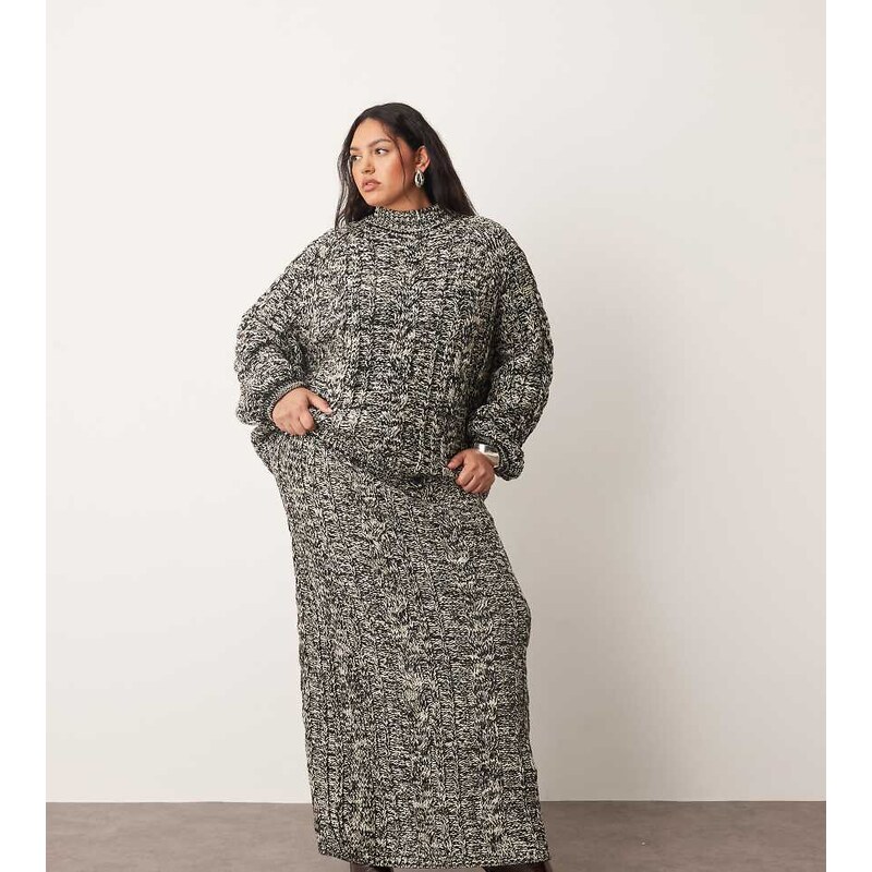 ARRANGE Curve cable knit column midi skirt co-ord in mono-Black