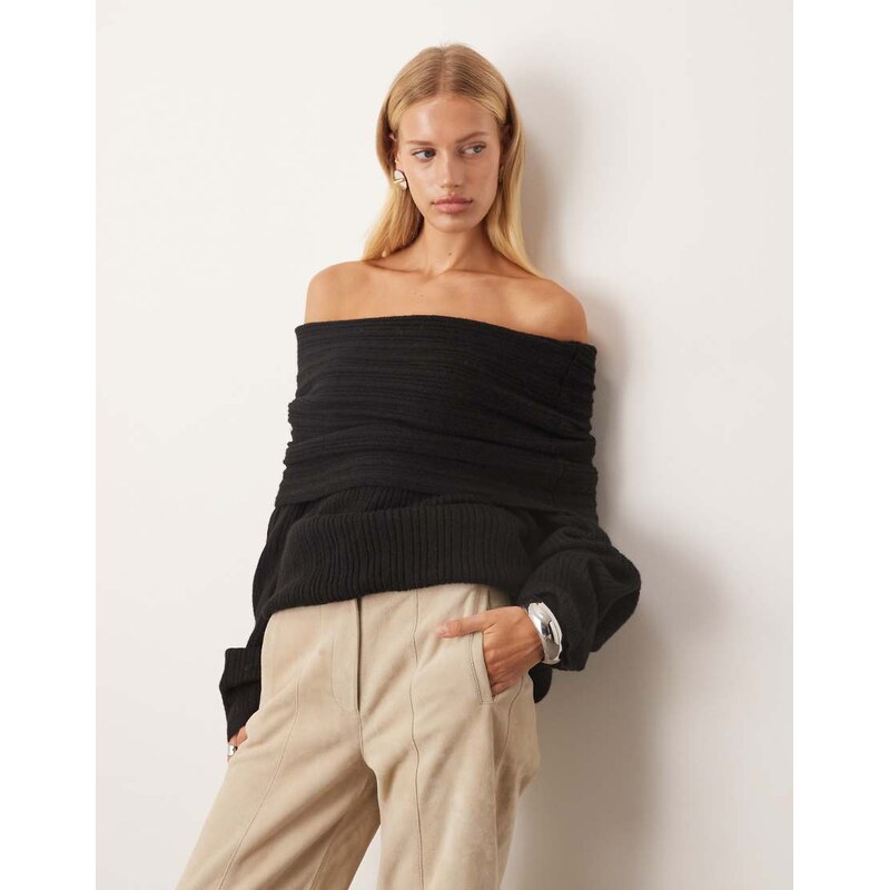 ARRANGE chunky rib knitted off shoulder jumper in black 110990099