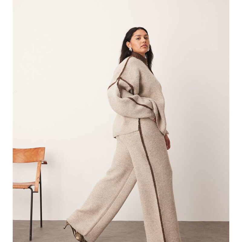 ARRANGE Curve thick rib knit contrast colour trouser co-ord in oatmeal 109518139