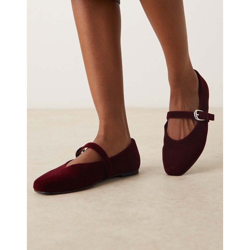ASOS DESIGN Leah mary jane ballets in burgundy velvet-Red 108565740