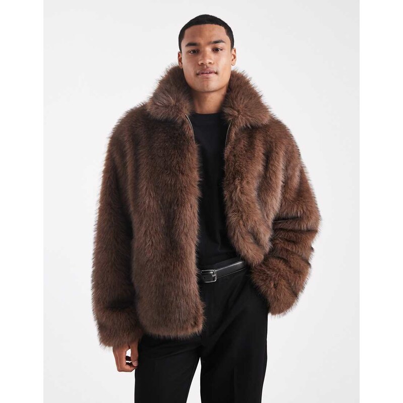 ASOS DESIGN faux fur harrington jacket in brown