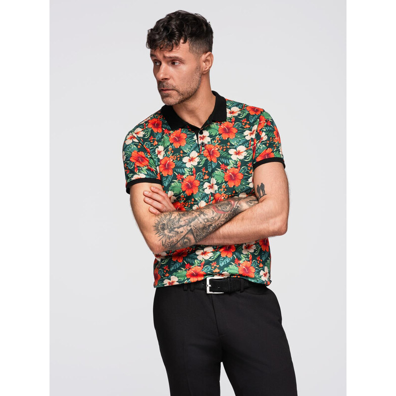 Ombre Cotton polo shirt with floral print - black
