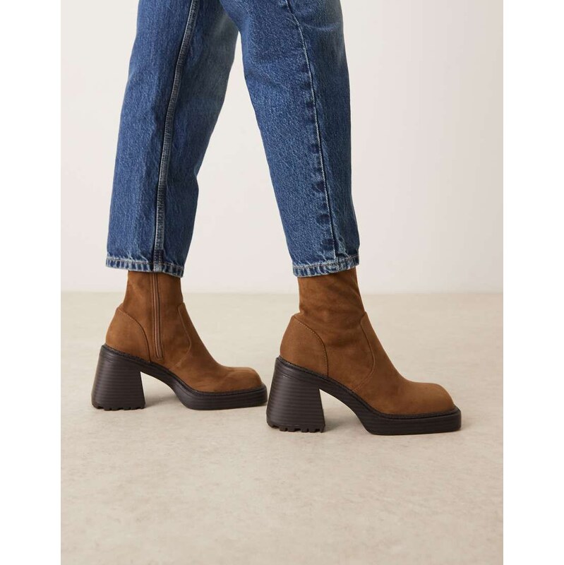 ASOS DESIGN Reign square toe mid-heel platform boots in mocha suedette 108892771