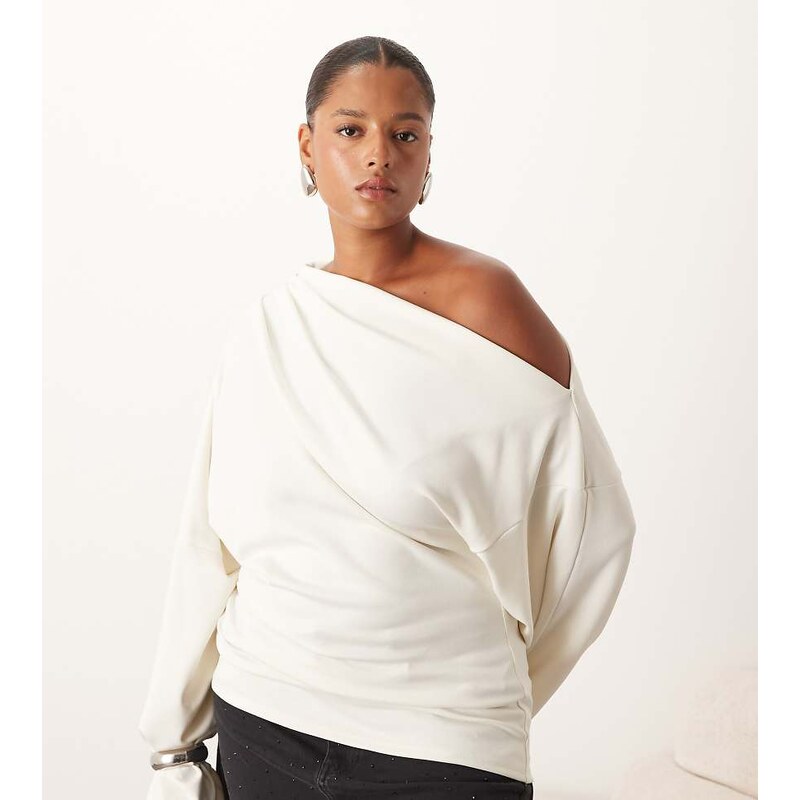 ARRANGE Curve jersey off shoulder wide sleeve top with ruched hem in 111148863