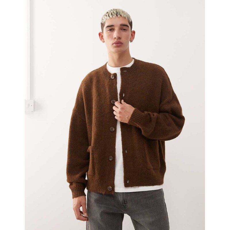 Reclaimed Vintage boxy cardigan with front pockets in brown