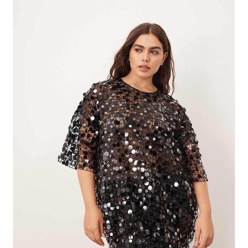 ARRANGE Curve sheer grid sequin tee co ord in black 108551844