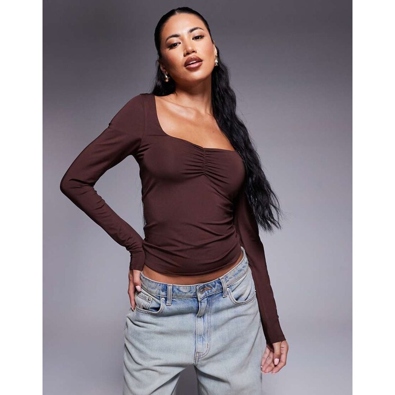 ASOS DESIGN double layer long sleeve sweetheart neck top in