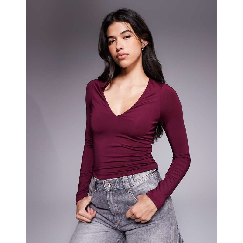ASOS DESIGN double layer long sleeve deep v neck top in burgundy-Red