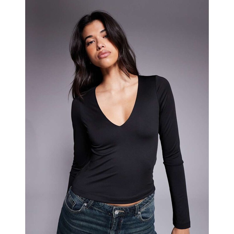 ASOS DESIGN double layer long sleeve deep v neck top in black
