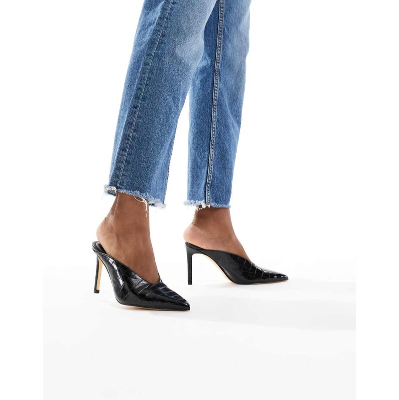 SEQWL Petunia high vamp heeled mules in black croc 108415573