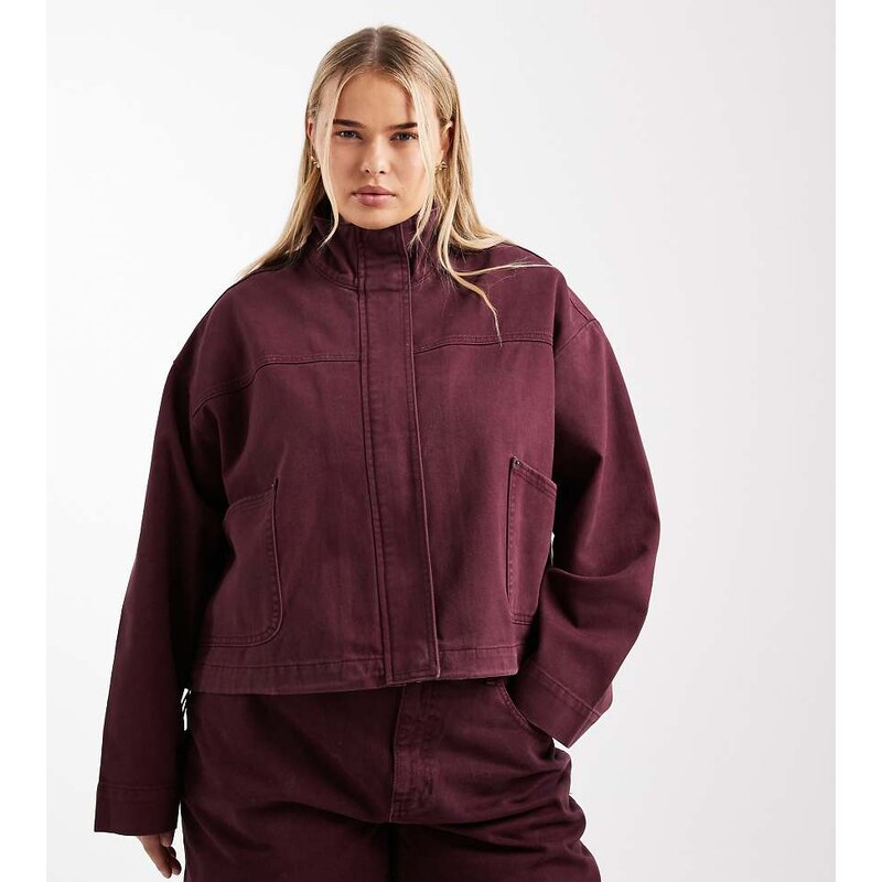 ASOS Curve ASOS DESIGN Curve denim funnel neck jacket in burgundy co 108415630