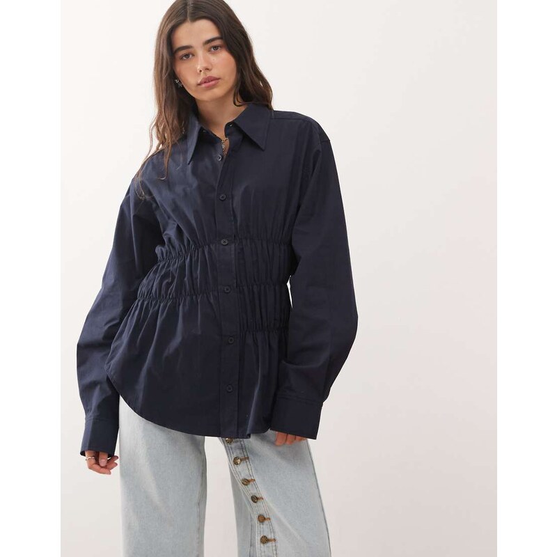 Lioness Chloe cotton wide sleeve cuffed ruched detail oversized shirt 108782311