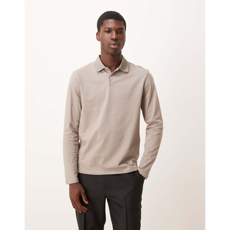 ASOS DESIGN long sleeve polo in stone-Neutral