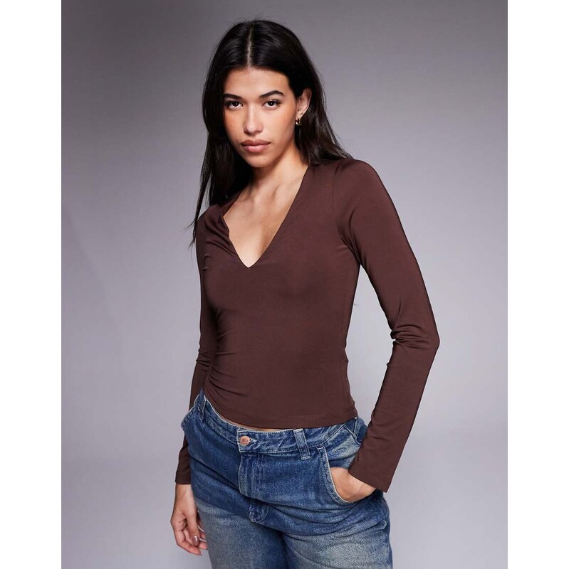 ASOS DESIGN double layer long sleeve deep v neck top in chocolate-Brown