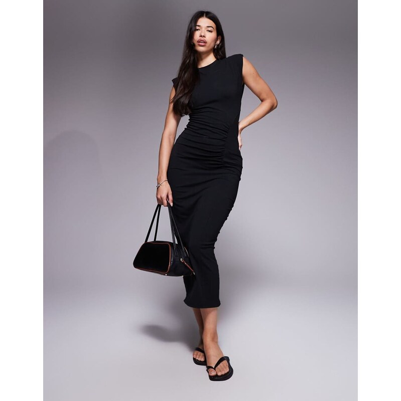 ASOS DESIGN shoulder pad ruched detail midi dress in black
