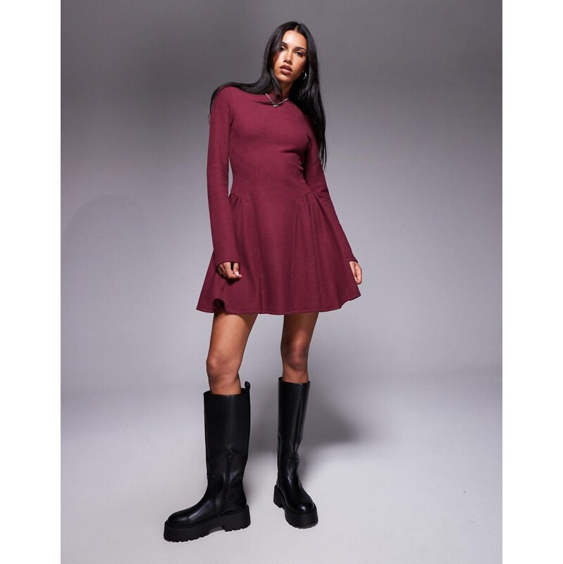 ASOS DESIGN supersoft long sleeve godet mini dress in burgundy