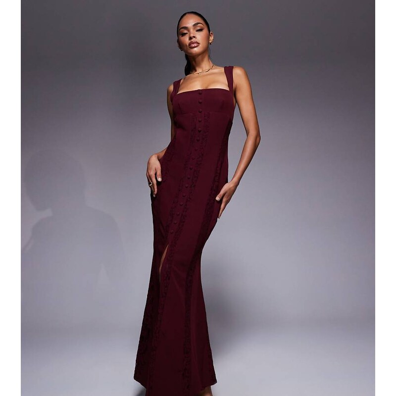 Murci exclusive square neck sheer lace panel maxi dress in plum-Purple 115513221