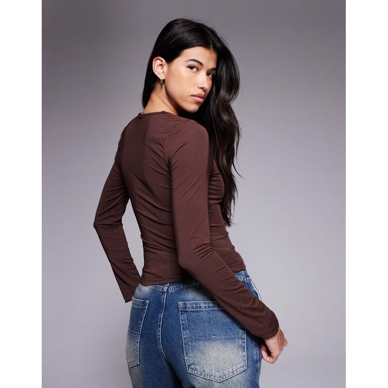 ASOS DESIGN double layer long sleeve deep v neck top in chocolate-Brown