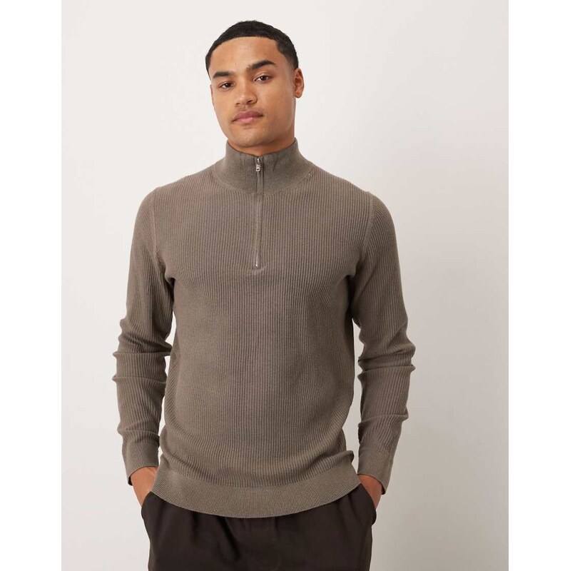 Mango cotton mix ribbed quarter zip in brown