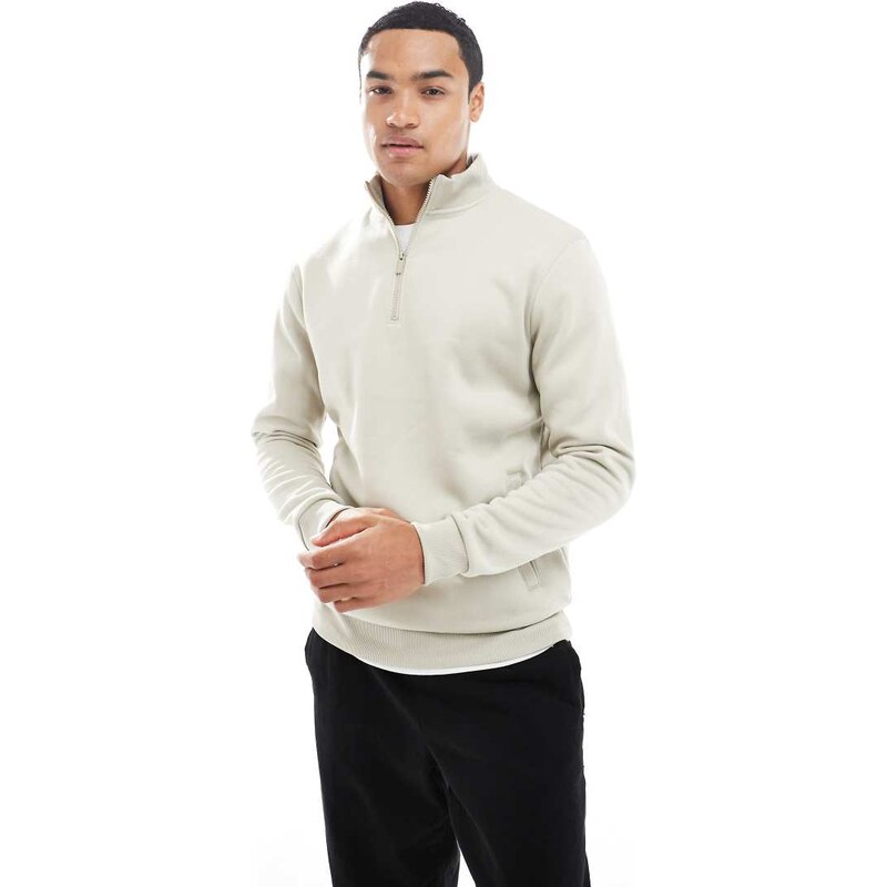 Brave Soul knitted quarter zip funnel neck jumper in stone