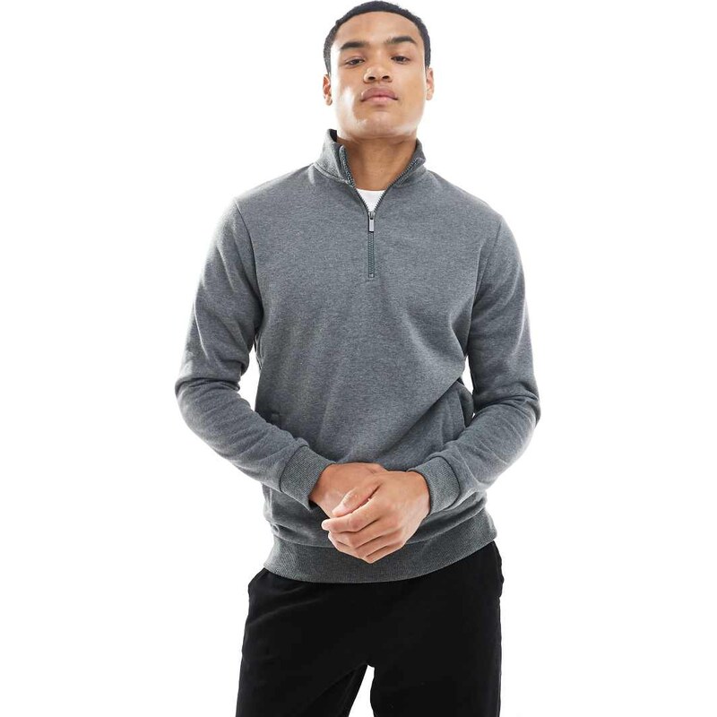 Brave Soul knitted quarter zip funnel neck jumper in charcoal