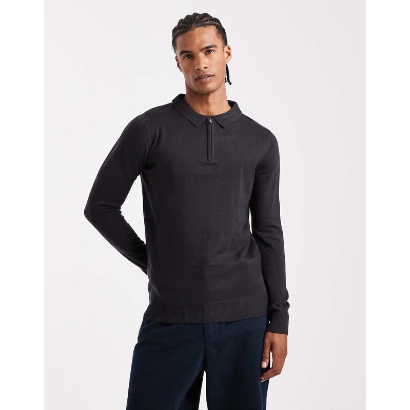 Brave Soul knitted ribbed quarter zip jumper in navy