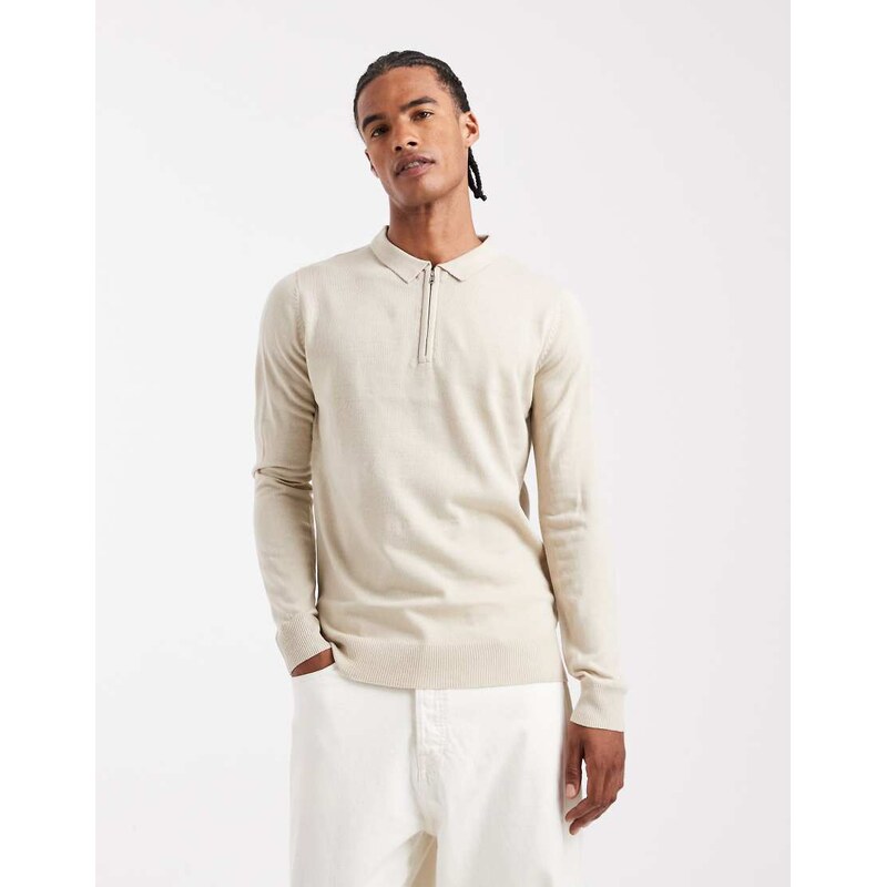 Brave Soul knitted ribbed quarter zip jumper in cream-White