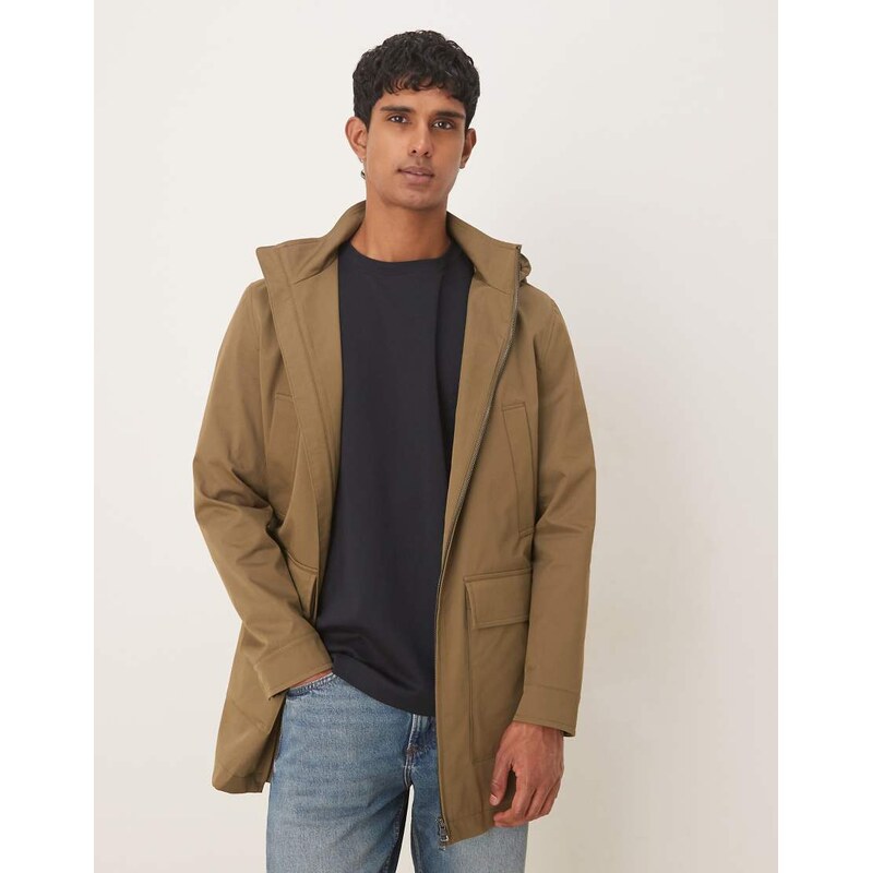 Mango cotton mix hooded parka jacket in khaki-Green