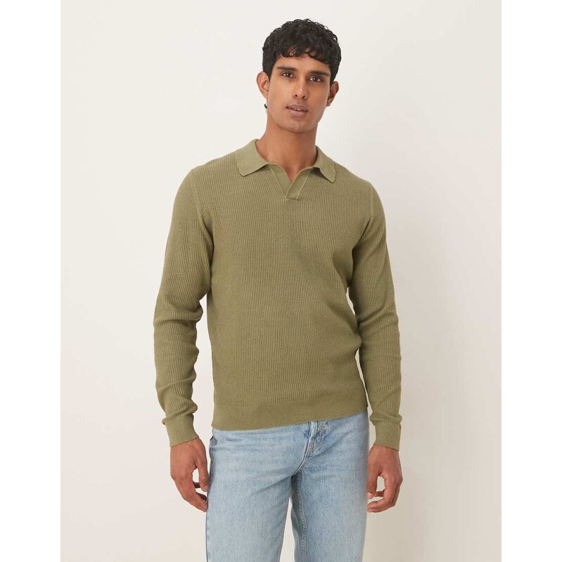Mango cotton mix ribbed polo top in olive green