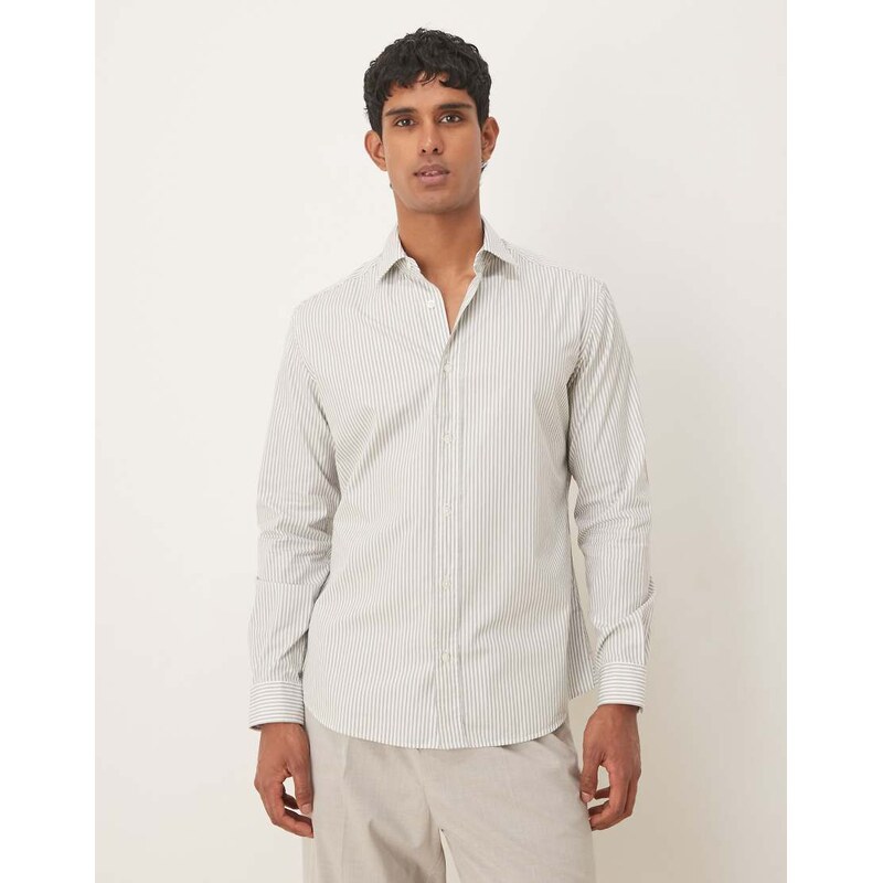 Mango 100% cotton shirt in khaki stripe-Green