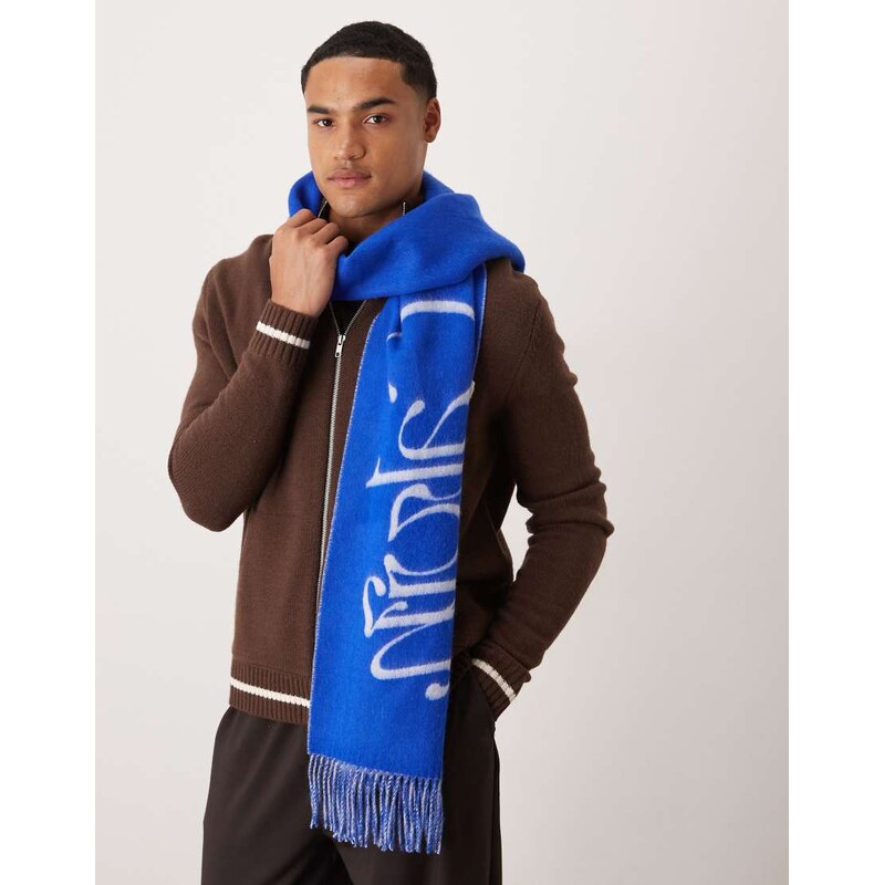 Calvin Klein script logo wool scarf in white and blue