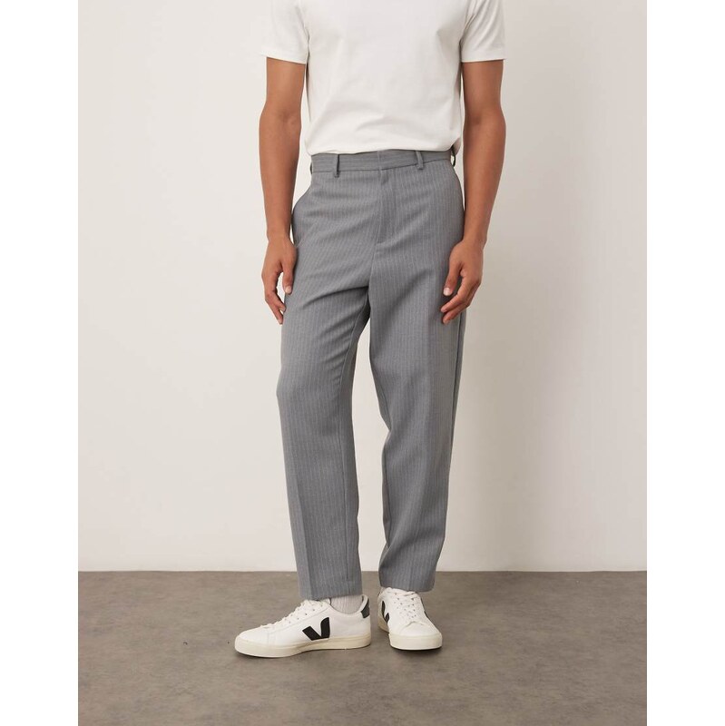 ASOS DESIGN tapered suit trousers with wool pinstripe in grey