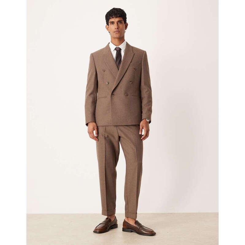 ASOS DESIGN tapered suit trousers with wool pinstripe in brown