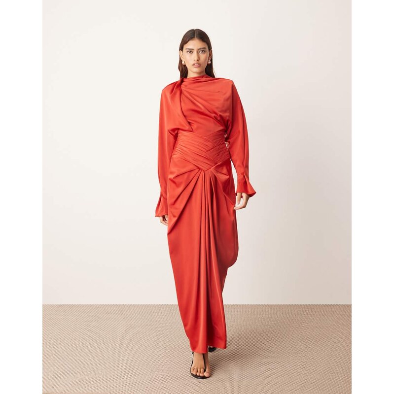 ARRANGE drape neck strong shoulder maxi dress with open back in red 108421333