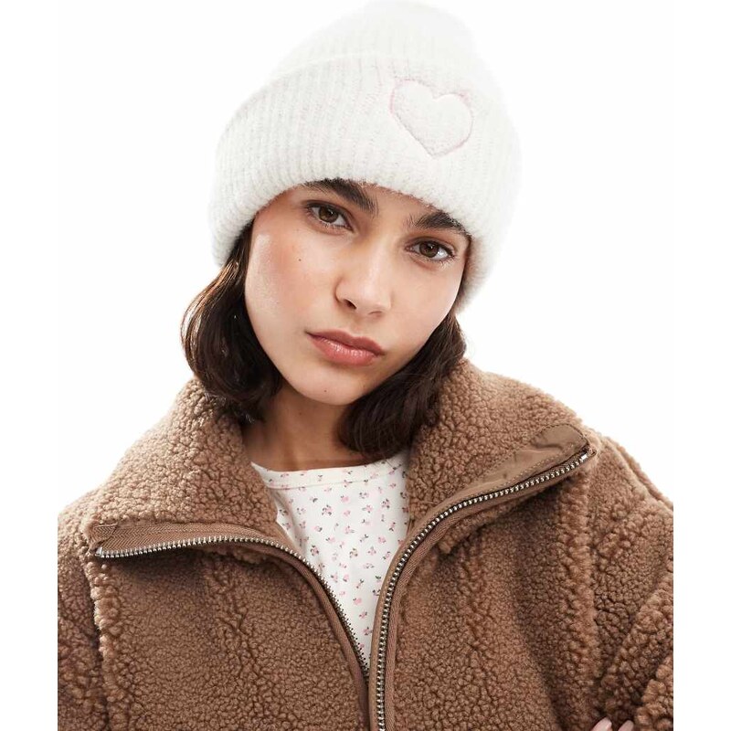 Miss Selfridge knitted beanie hat with heart embroidery in cream