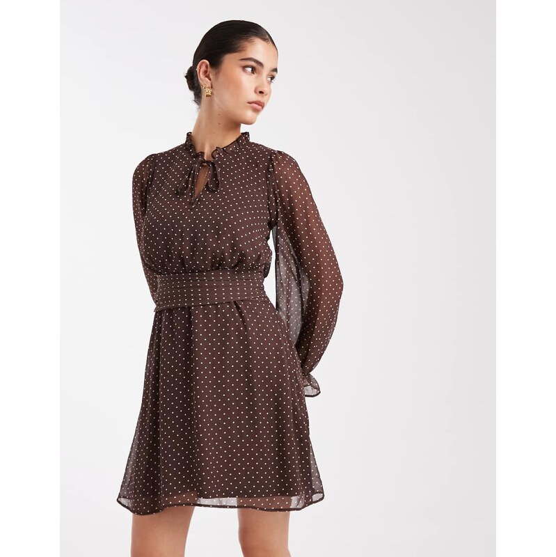 New Look polka dot chiffon cinched waist mini dress in brown 115617858