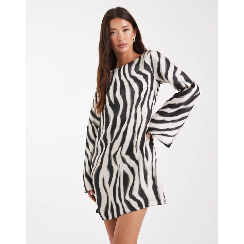 New Look zebra print satin mini dress in black-Brown 108936222