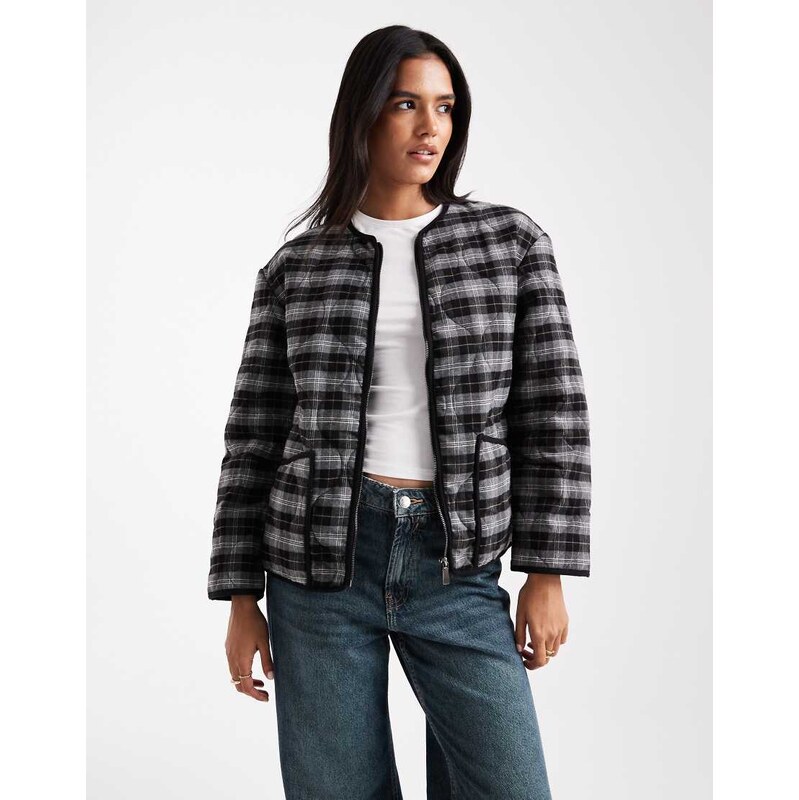 New Look check quilt padded jacket in brown 108515083