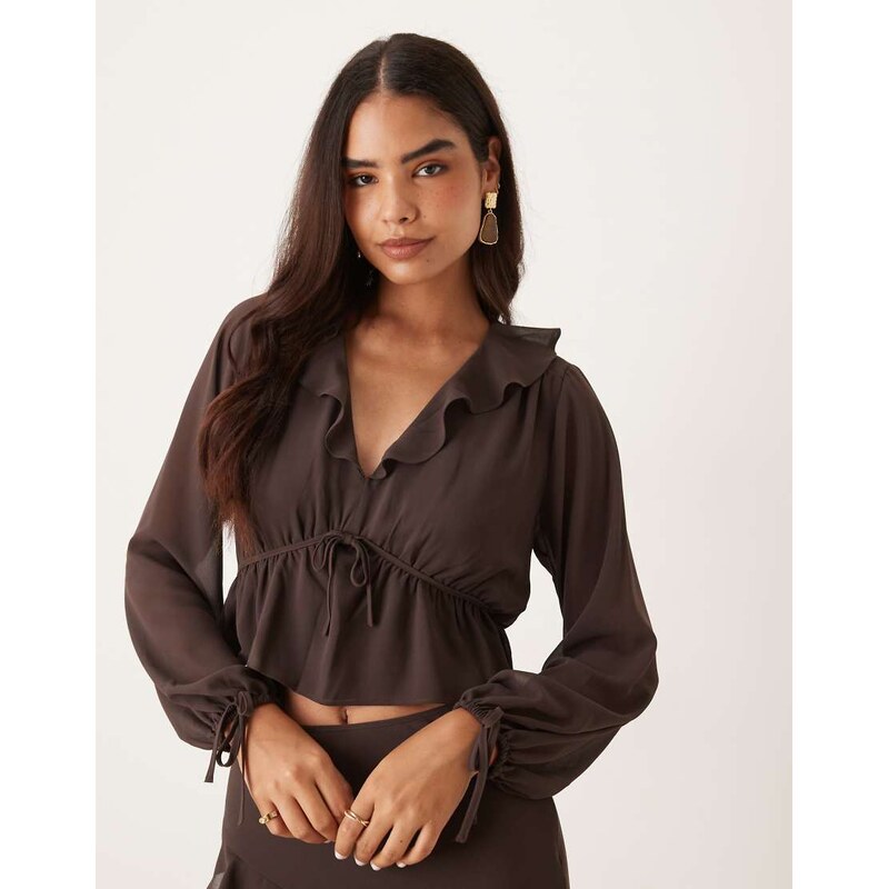 Nobodys Child Arden ruffle boho blouse co-ord in chocolate-Brown 108421468