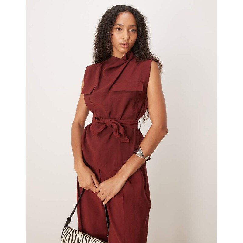 Mango high neck belted sleeveless top co-ord in red