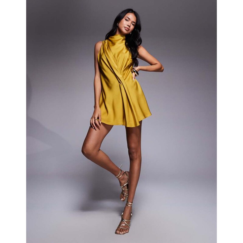 ASOS DESIGN high neck drape satin playsuit in ochre-Gold