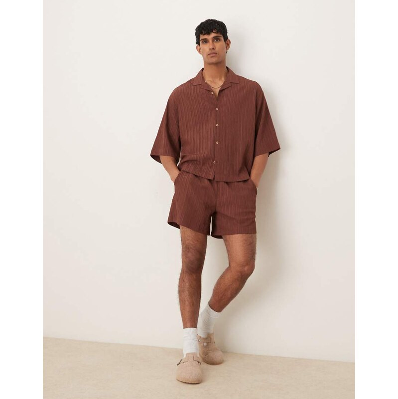 ASOS DESIGN co-ord textured shorts in short length in brown