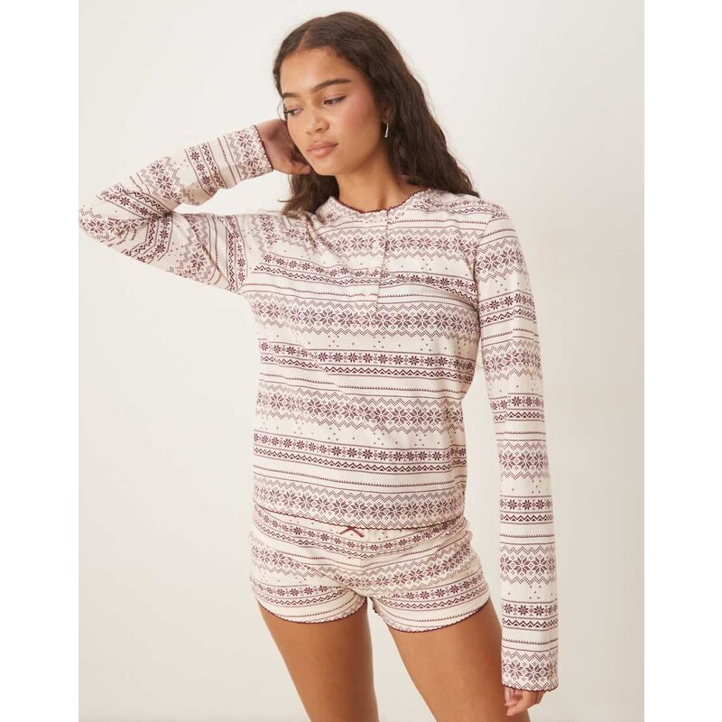 ASOS DESIGN mix & match pyjama henley tee in red fairisle print