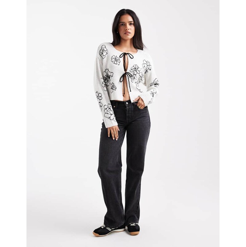 ASOS DESIGN embroidered flower tie front cardigan in ecru-White 108433223